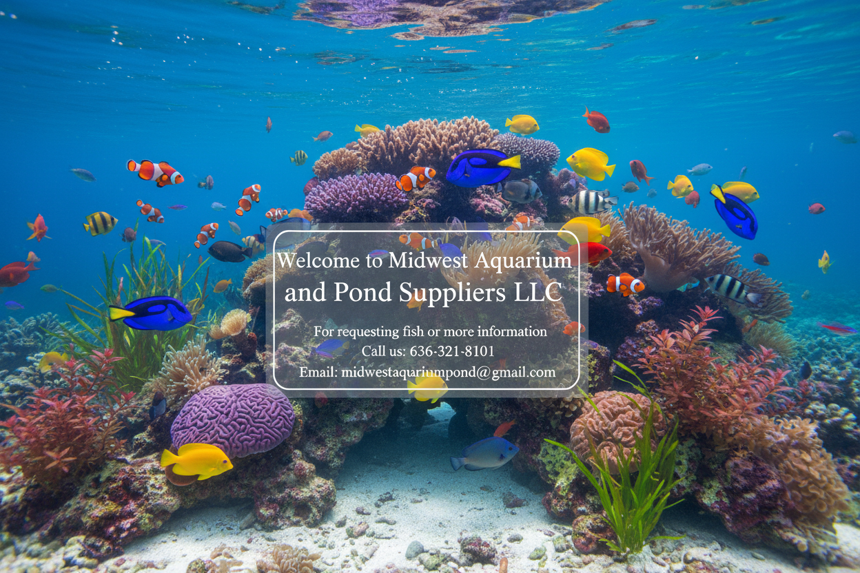 create me a nice realistics of muti tropical fish swim around , in center put in information : welcome to Midwest Aquarium and Pond Suppliers LLC , for requesting fish - or more information , call us : 6363218101 , email: midwestaquariumpond@gmail.com